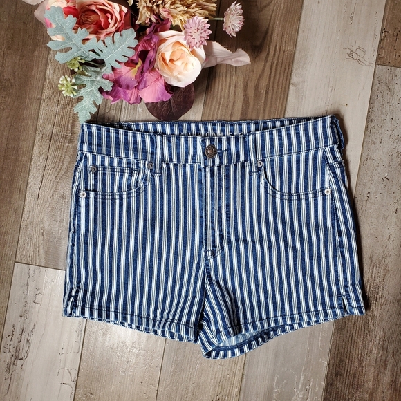 American Eagle Hi-Rise Shortie Striped Next Level Stretch Size 10 Denim Shorts - Picture 1 of 16